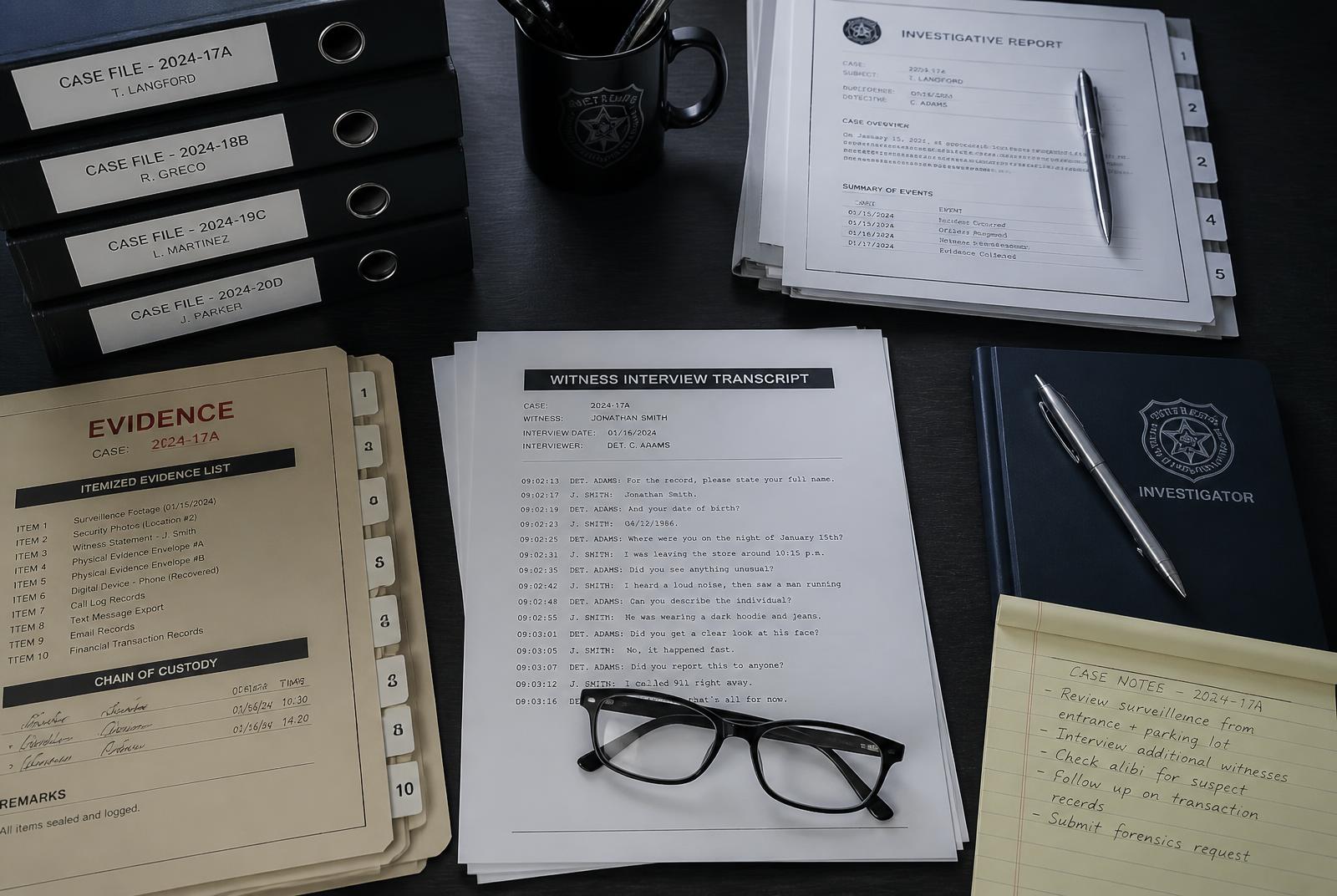 Indexed case files, transcripts, and evidence binders on an investigator's desk