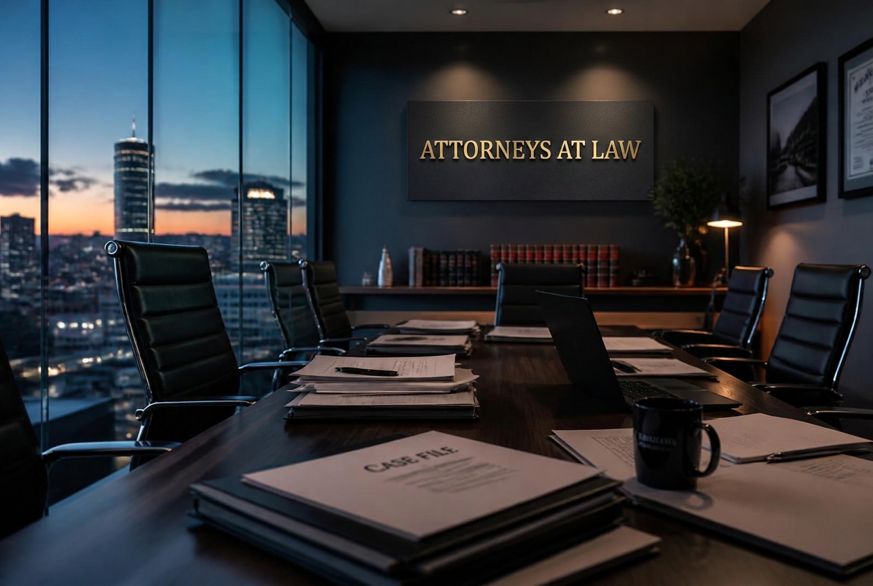 Law firm conference room at dusk with case files on the table